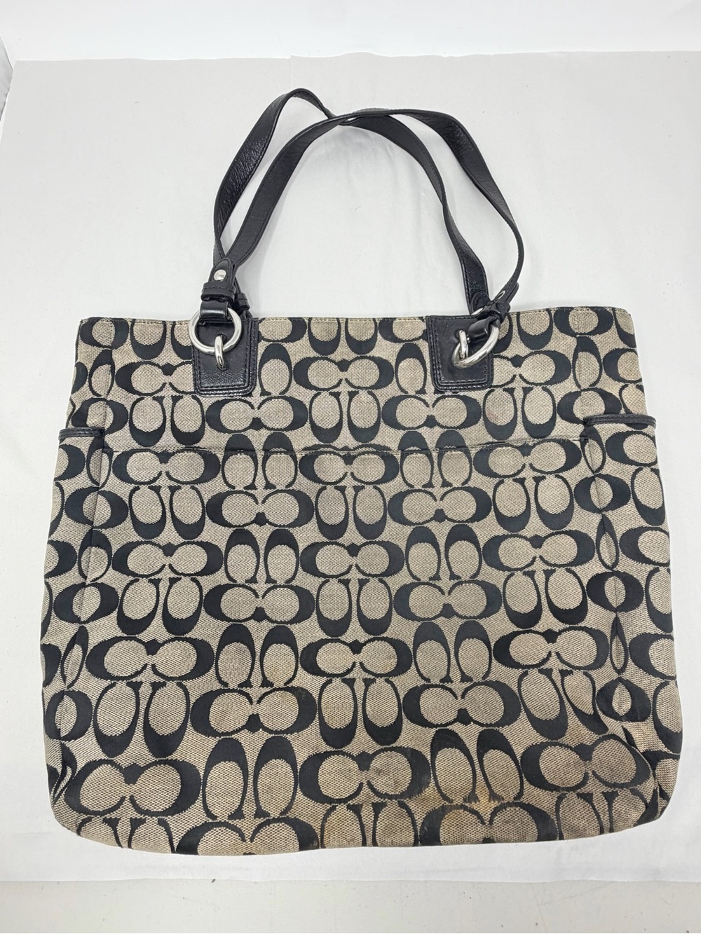 Coach Signature Logo Tote Bag Beige Black Zip Closure Bag Charm Pockets - Picture 6 of 14